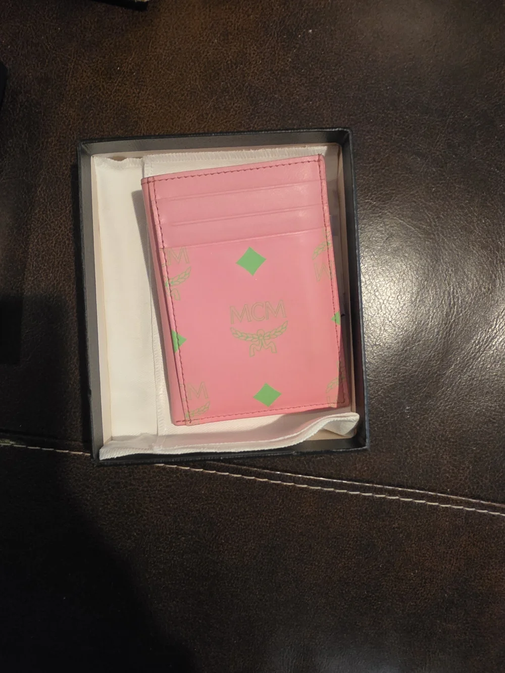 MCM Pink Color Splash Card Holder with Green Accents